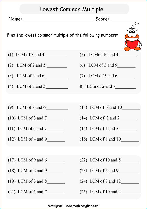Lowest Common Multiple Printable Worksheets