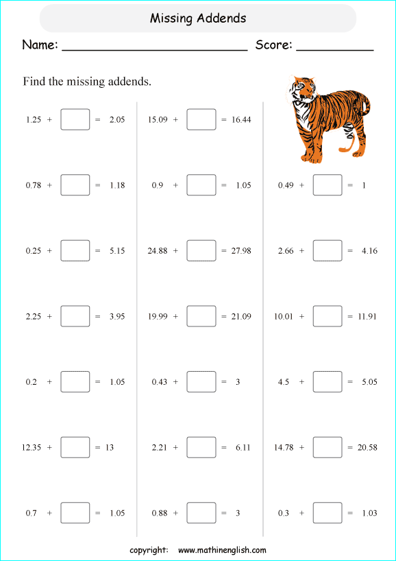 Calculate the missing addends grade 5 math decimal worksheet for extra