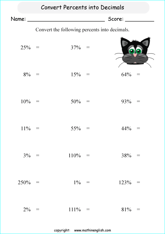 Convert basic percents in decimal worksheet for grade 5 math students