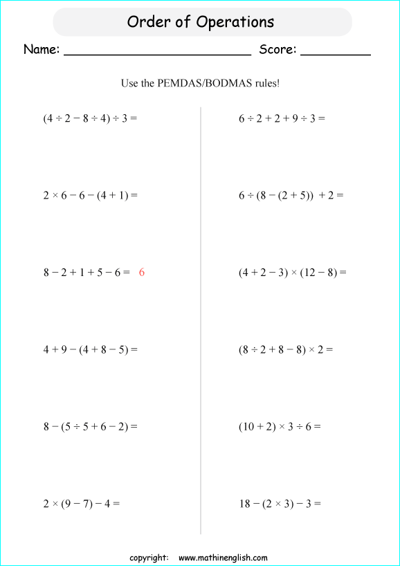 Solve these operations with 4 terms and 3 operators. Grade 5 order of