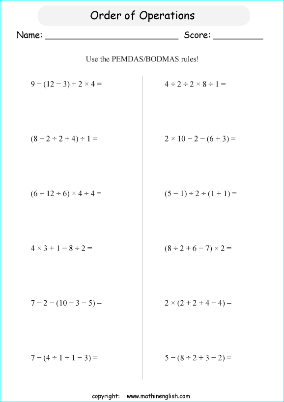Solve these operations with 5 terms and 4 operators. Grade 5 order of
