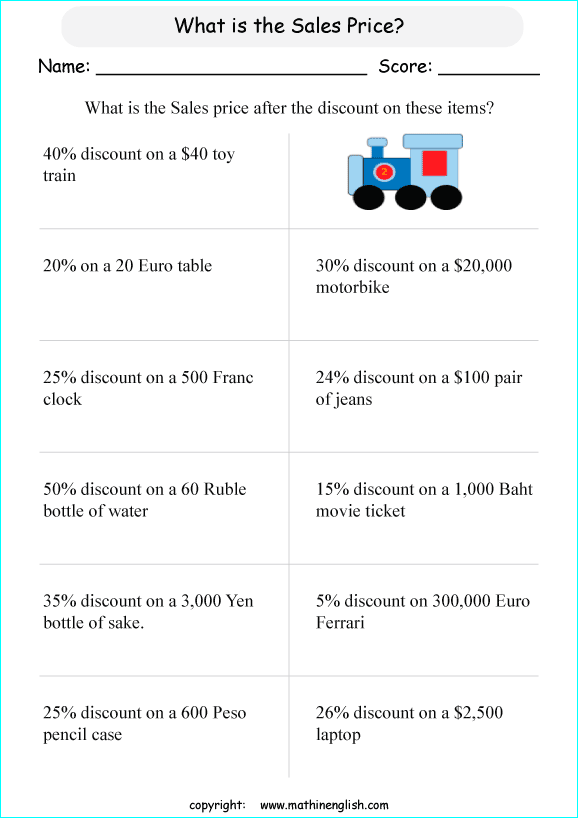 Calculate The Sales Price Of Items After Discount Given The Percentage 