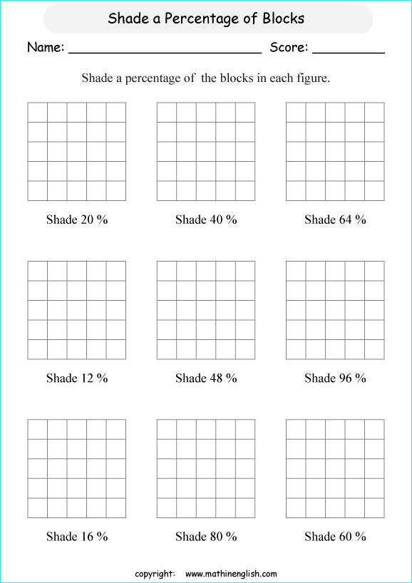 Shade a given percentage out of a figure of 25 squares. Grade 5 math