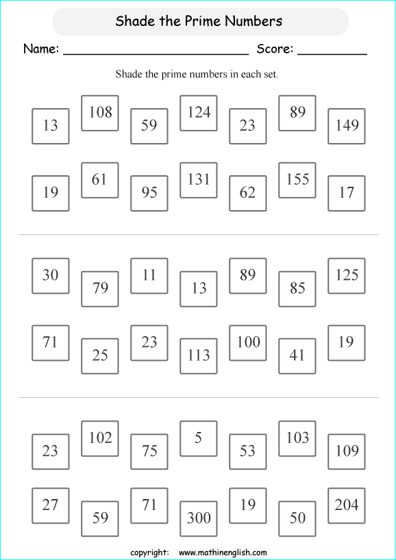 Shade the prime numbers in each row. Grade 5 or 6 math worksheet for