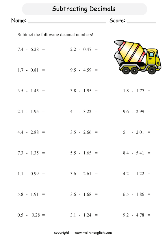 Subtraction of decimals math worksheet for math class or level 5