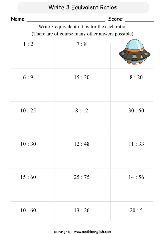 Create 3 equivalent ratios for each ratio combination. Grade fifth math