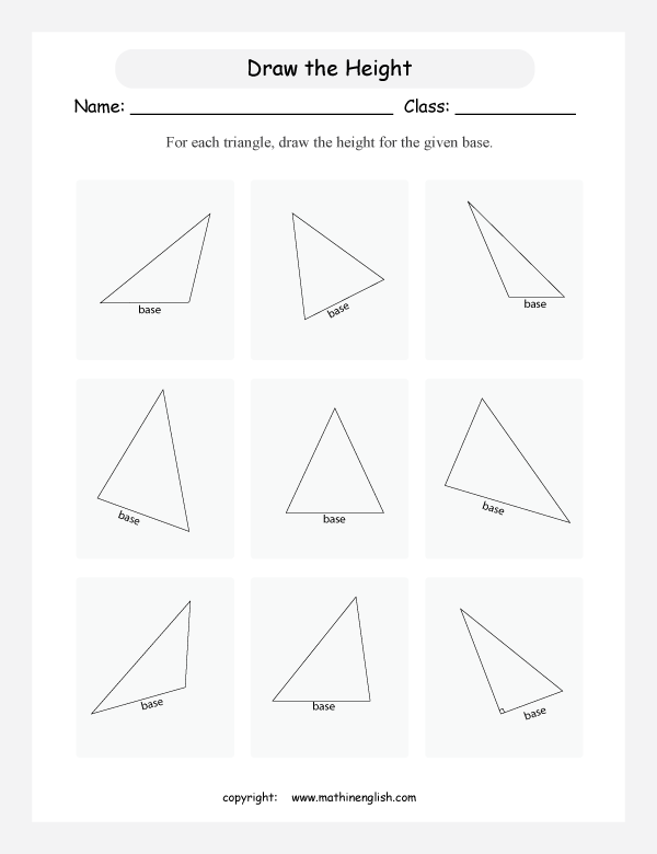 Basic grade 5 geometry and measurement worksheet. Draw the height for