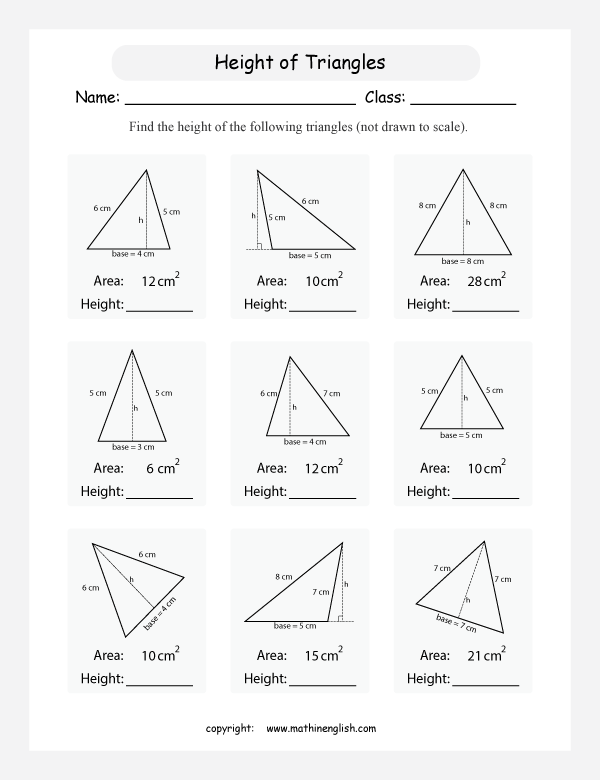 Calculate the height of these triangles given its areas and the length