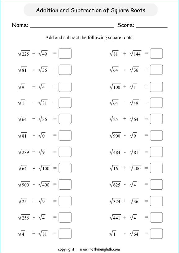 Add Or Subtract 2 Perfect Square Roots Math Worksheet Or Grade 6 Or 7 Students Great Math