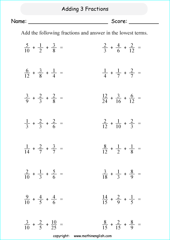Addition And Subtraction Of Dissimilar Fractions Worksheets Grade 6