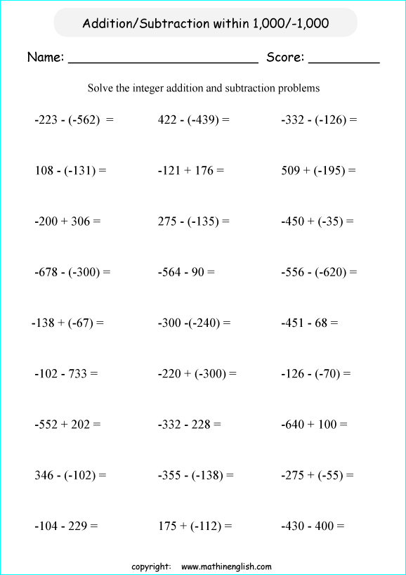 Math addition and subtraction of integers worksheet from -1,000 to
