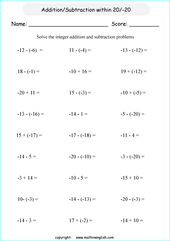 math-addition-and-subtraction-of-integers-worksheet-from-20-to-20-for-grade-5-or-6-students