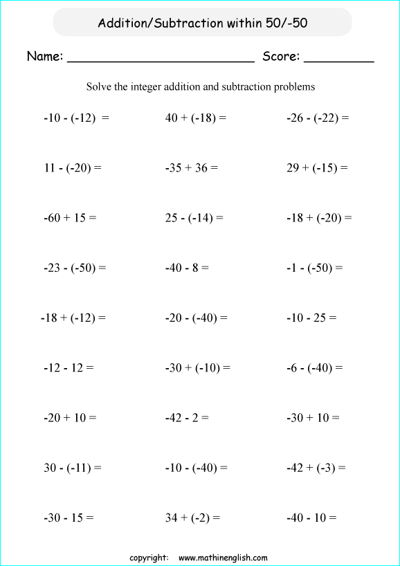 Math addition and subtraction of integers worksheet from -50 to 50 for