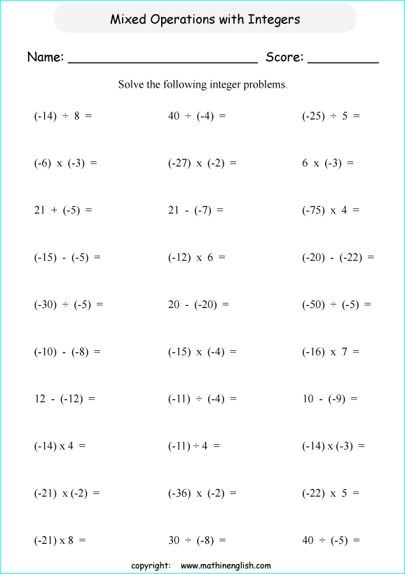Mixed Operation Worksheet With Negative Numbers And Integers Based On Easier Basic Division And
