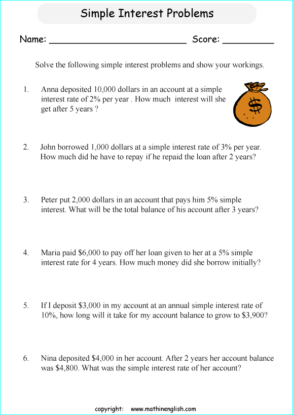 Math Interest And Percentage Worksheet For Grade 6 And 7 Math Students 