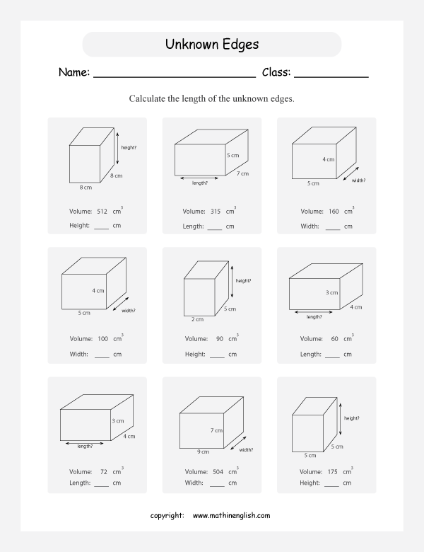 Find The Unknown Edges Height Length Or Width Given The Volume Of These Cuboids Excellent