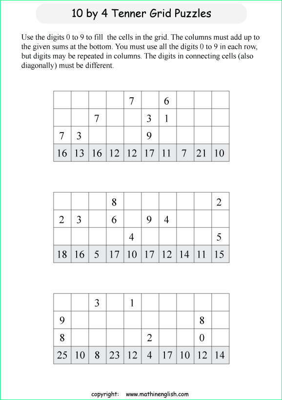 printable 10 by 4 Tenner grids math number and IQ puzzle for kids and math students