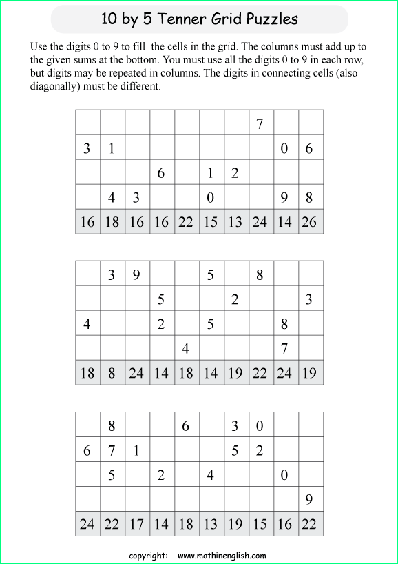 printable 10 by 5 Tenner grids math number and IQ puzzle for kids and math students