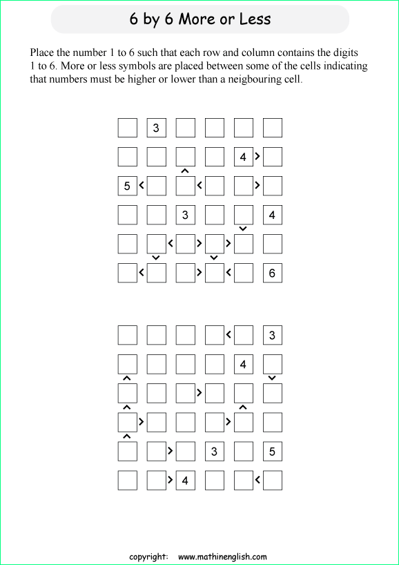 printable 6 by 6 More or Less math Sudoku for children