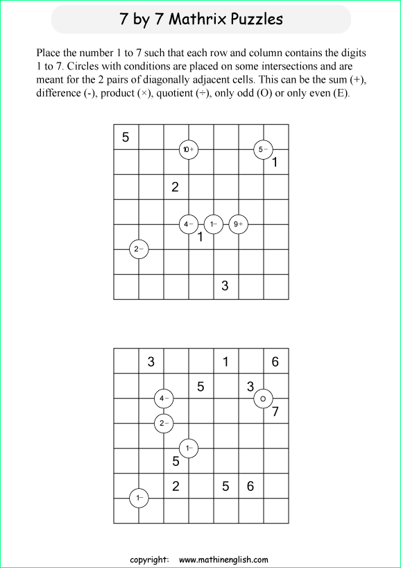 printable 7 by 7 Mathrix math calculation puzzle