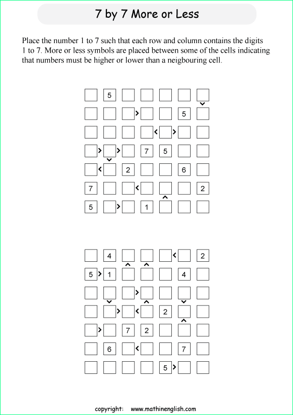 printable 7 by 7 More or Less math Sudoku for children