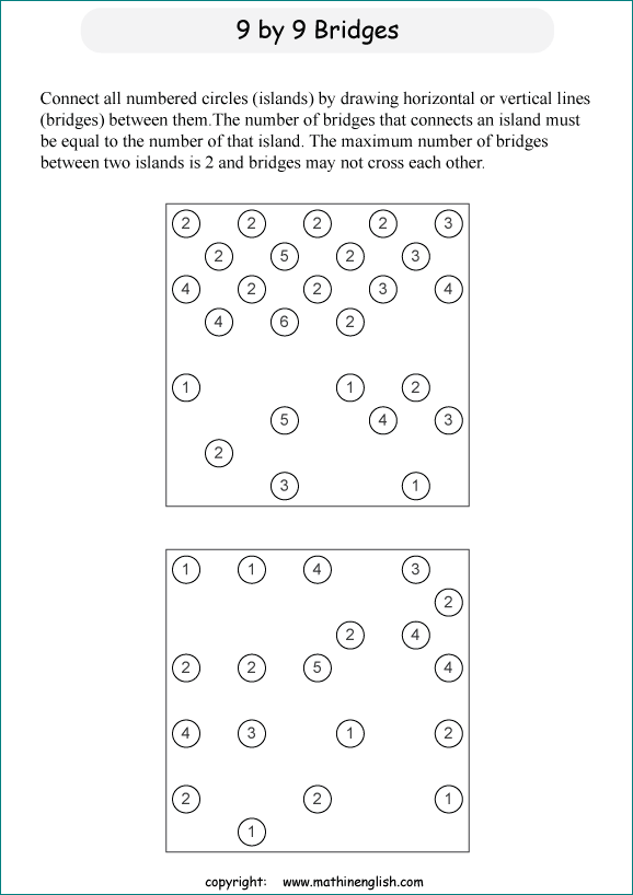 printable Building Bridges logic IQ puzzle for kids and math students