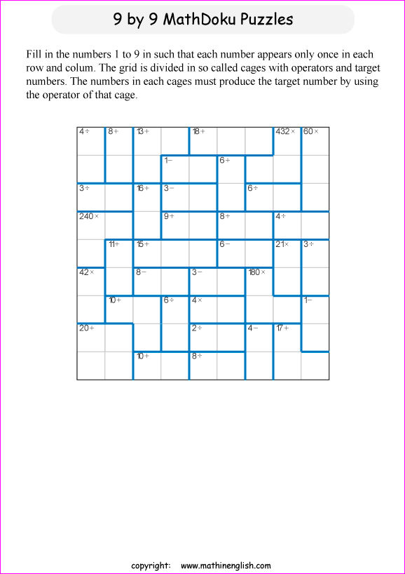 printable 9 by 9 mathdoku math operations puzzle for kids and math students