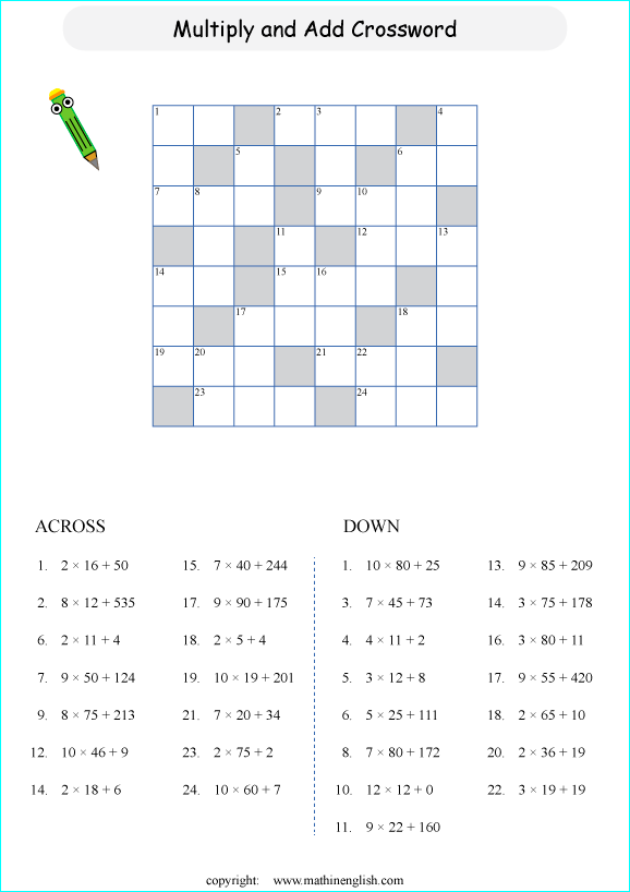 printable multiplication crossword puzzle for kids