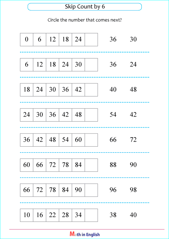 skip counting by 6 next number worksheet