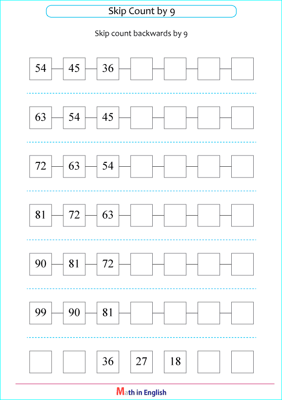skip count backwards by 9 worksheet