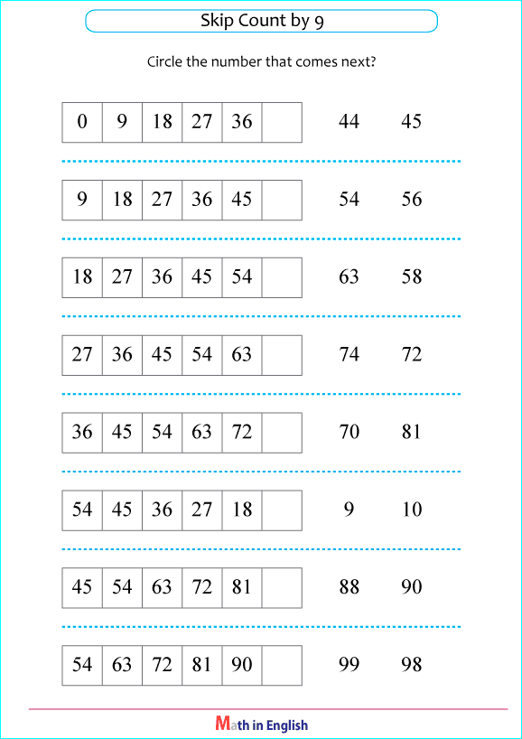 skip counting by 9 next number worksheet