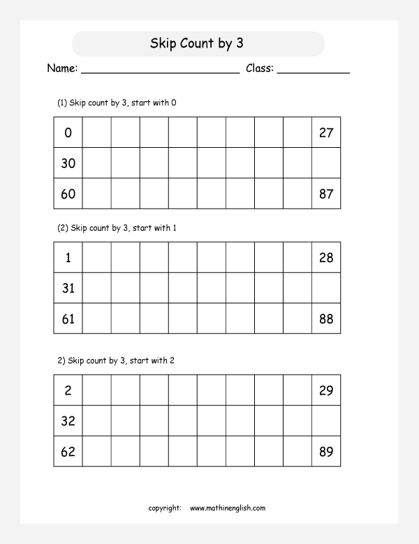 Addition skip counting worksheet. Skip count 3 boxes with numbers up to ...