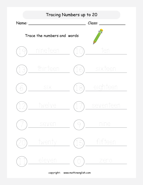 Trace the numbers and words. Spelling worksheet with numbers up to 20.