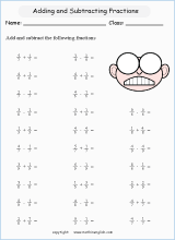 Addition of fractions math worksheet with unlike denominators that are ...