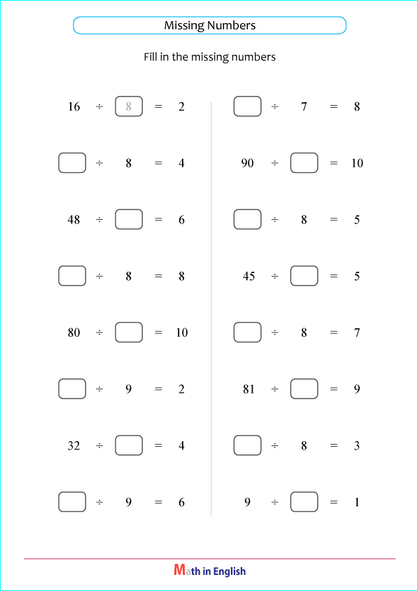 division by 8 and 9 math worksheet