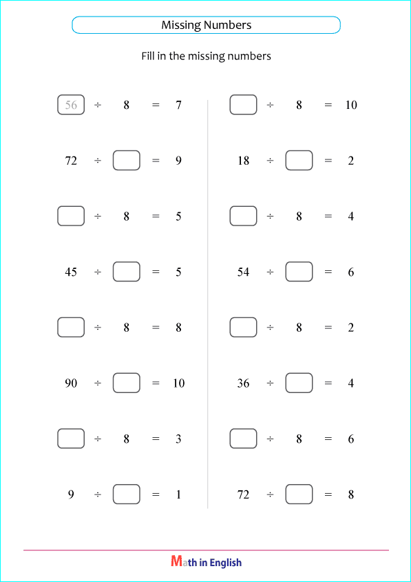 division by 8 and 9 math worksheet