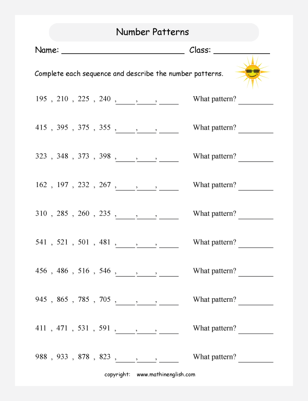 maths number patterns worksheets