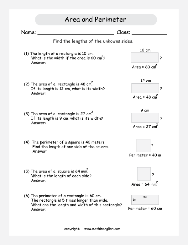 missing side area and perimeter worksheets