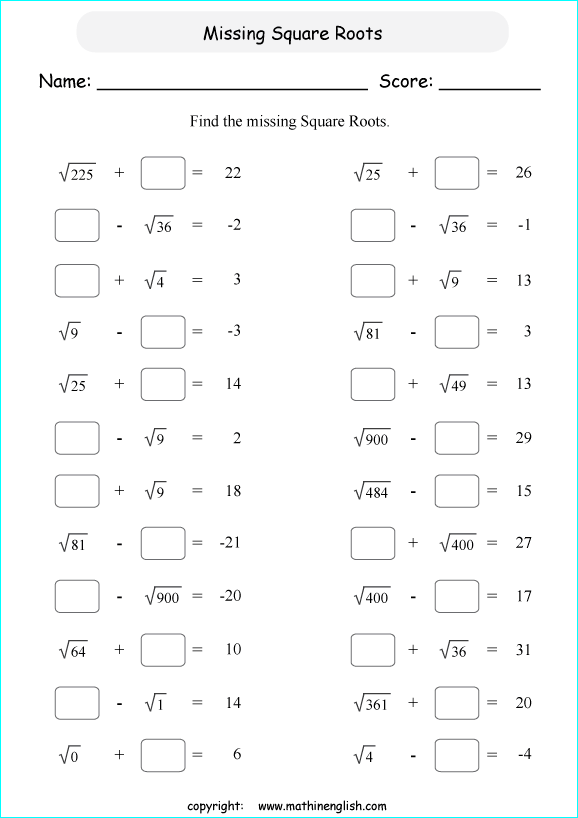 Square root worksheets grade 7