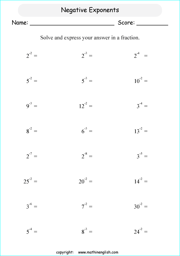 Negative Exponents Worksheet