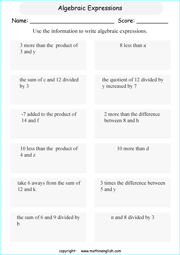 Writing algebraic equations worksheet